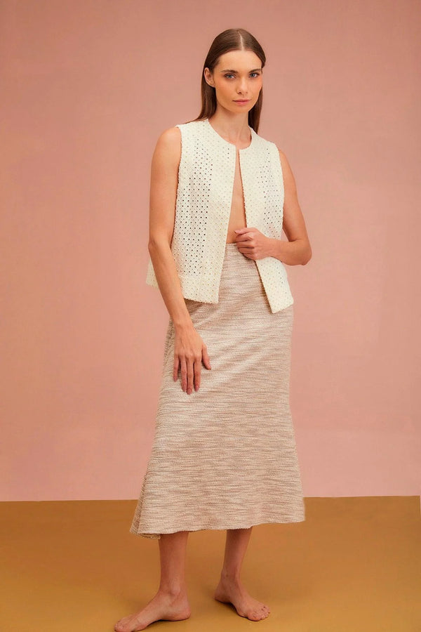Falda Noctambula ANARIAS Atelier — vista frontal completa, largo midi con campanas laterales