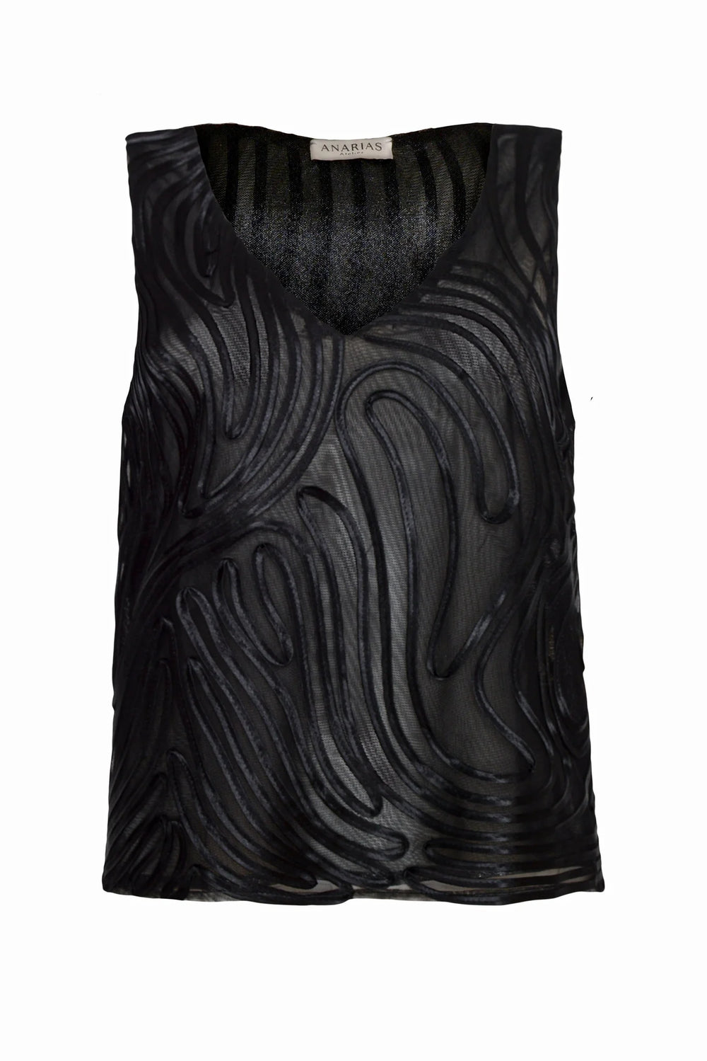 Top Hadar tul negro ANARIAS Atelier — look completo con detalle de silueta y caída del tejido